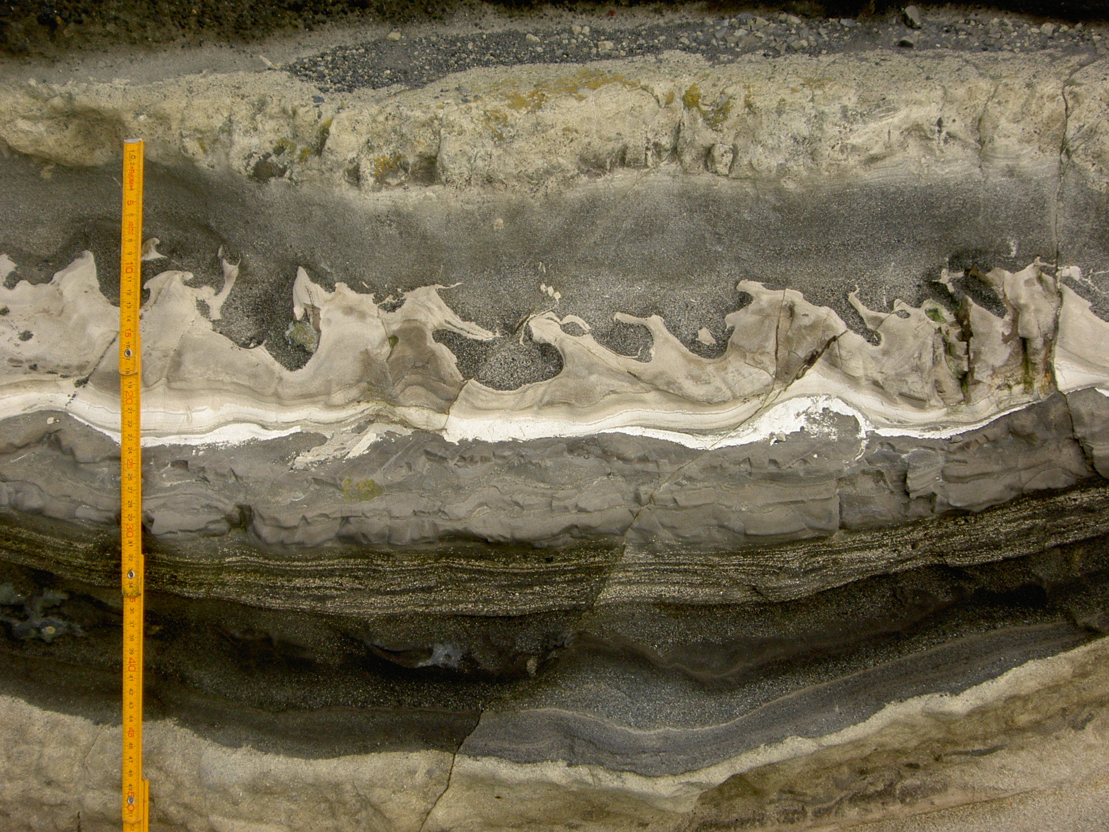 三崎町城ヶ島の三浦層群三崎層（火炎構造のアップ）