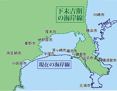 下末吉期の海岸線の様子(町田、1973;当間、1974;関東第四紀研究会、1987;岡1991;江藤ほか、1998;笠間、私信を参考に作成).