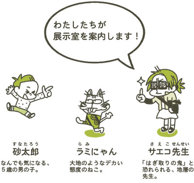 展示案内係自己紹介　左：砂太郎、中：ラミにゃん、右：サエコ先生